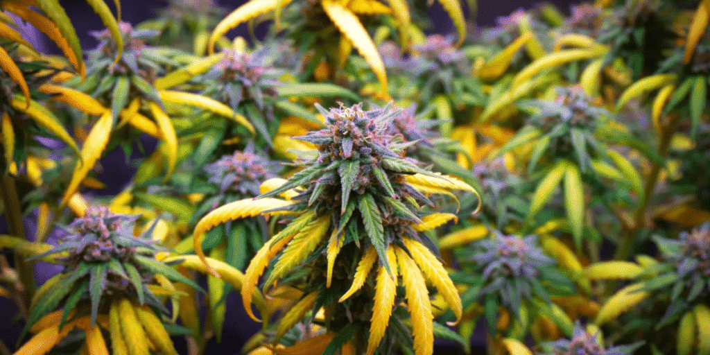 Cannabis leaves exhibiting typical changes signaling plant maturity before harvest.