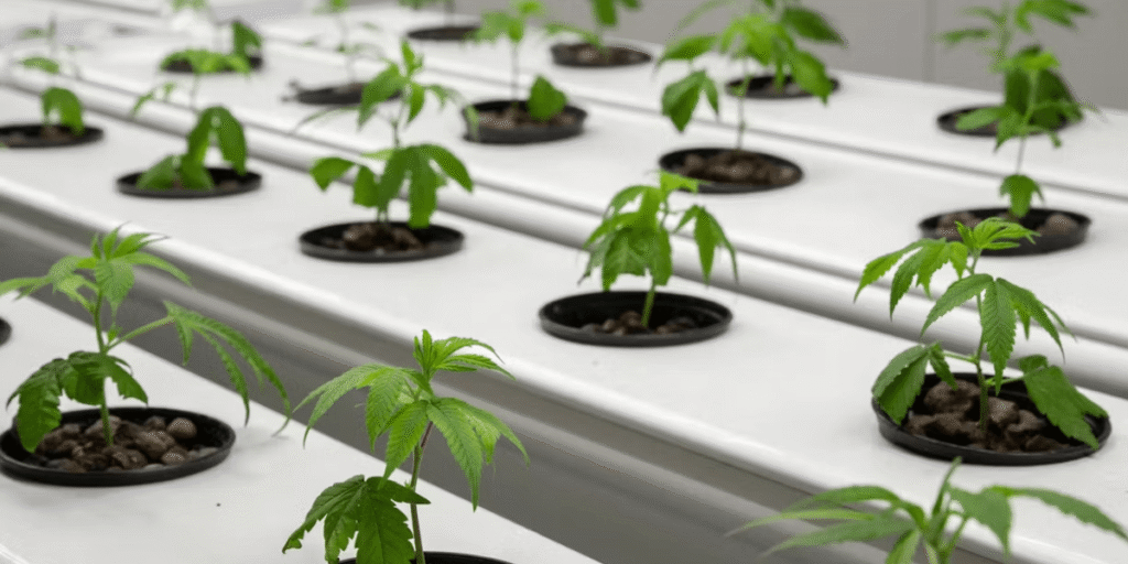Indoor hydroponic cannabis growing system with plants in net pots above nutrient solution, setup by Greenfuturehydro.