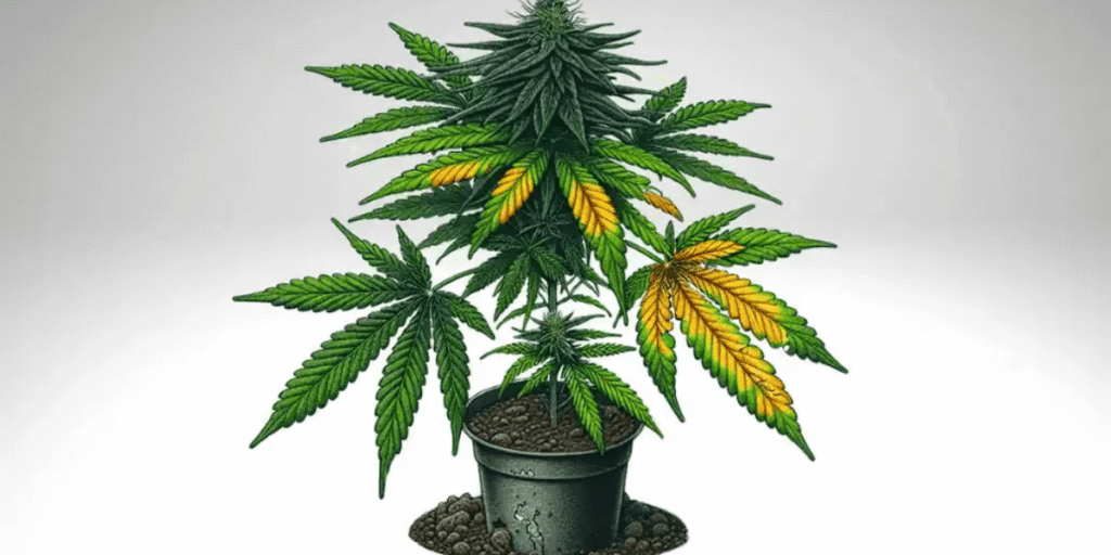 Cannabis leaves showing signs of nutrient deficiencies, with yellowing and browning patterns on the leaves.
